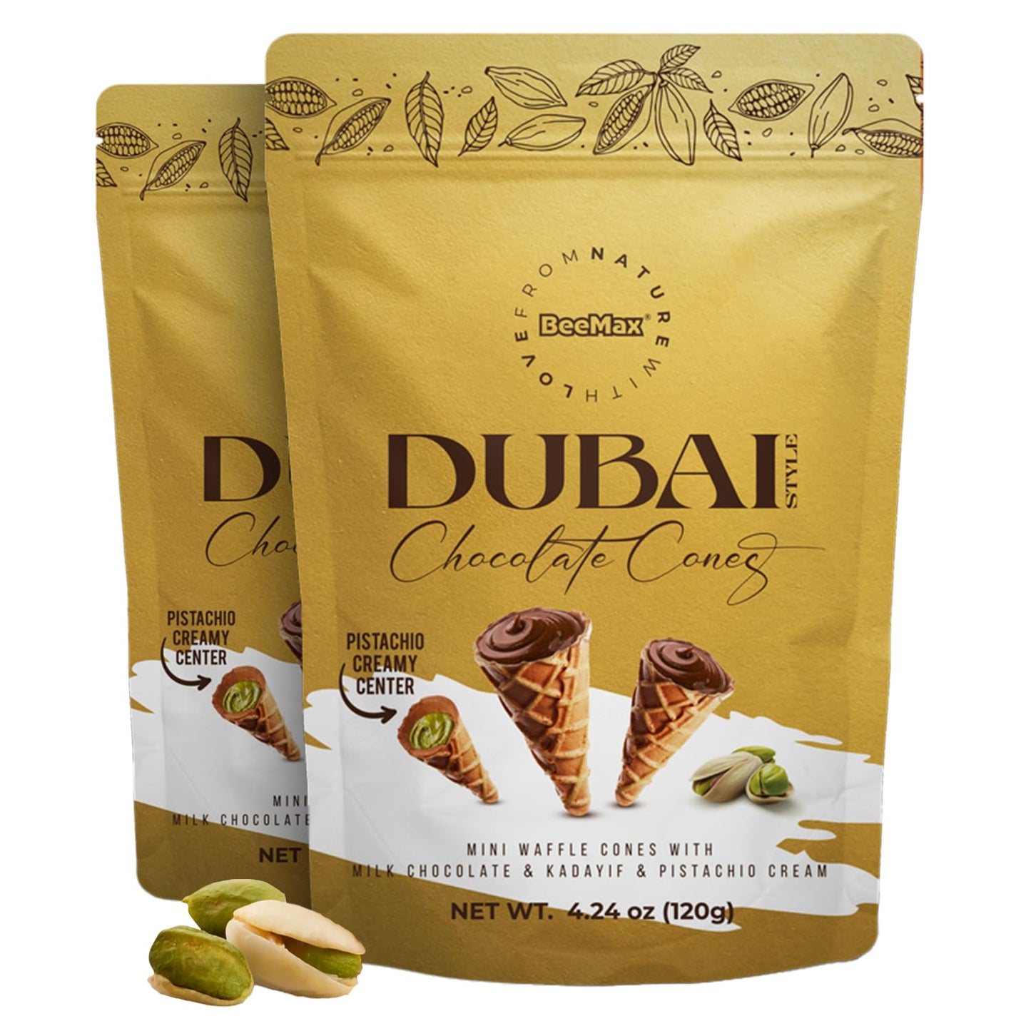 Beemax Dubai Style Chocolate Cones – 2 Pack, Mini Waffle Cones Filled with Pistachio Cream, Milk Chocolate & Crunchy Kadaifi | Gourmet Middle Eastern Candy, 4.24oz Each Bag
