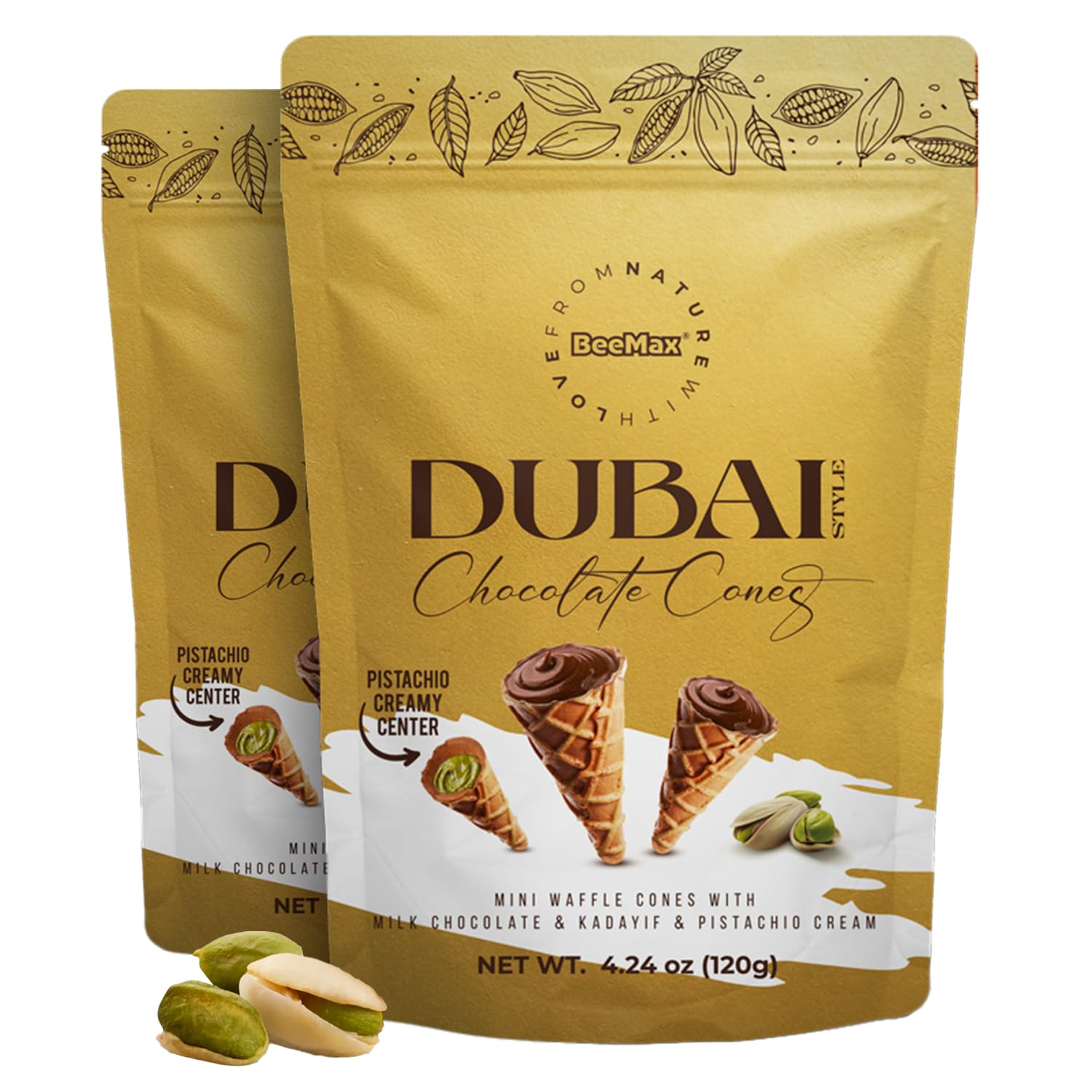 Beemax Dubai Style Chocolate Cones – 2 Pack, Mini Waffle Cones Filled with Pistachio Cream, Milk Chocolate & Crunchy Kadaifi | Gourmet Middle Eastern Candy, 4.24oz Each Bag