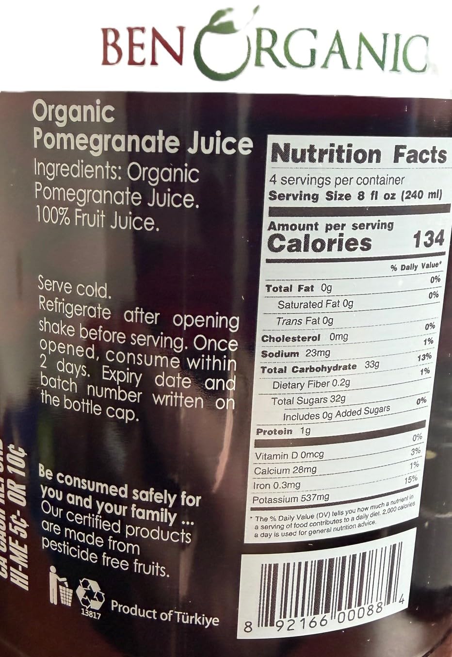 Ben Organic 100% Pomegranate Fruit Juice, No Added Sugars, Pesticide Free, 32 Fl Oz, Pack of 2