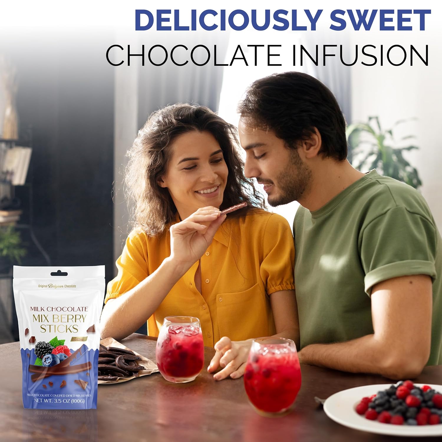 Belgian Chocolate Covered Fruit Sticks - Gourmet Covered Dried Fruit, 3.5 oz Resealable Pouch, Non-GMO, Perfect Treat for Chocolate Lovers (Milk Chocolate, Mixed Berries)