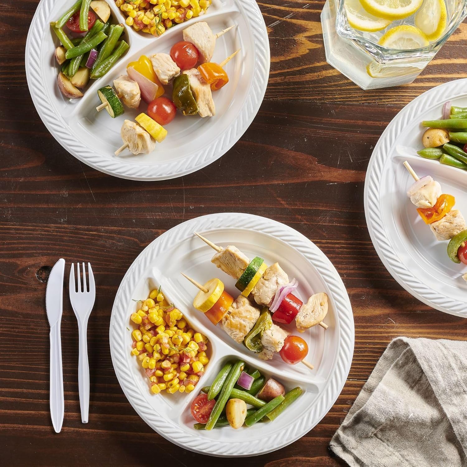 White Plastic Divided Plates, 9 Inch, 3 Compartment, Heavy Weight, Microwave Safe, Reusable, 100 Count