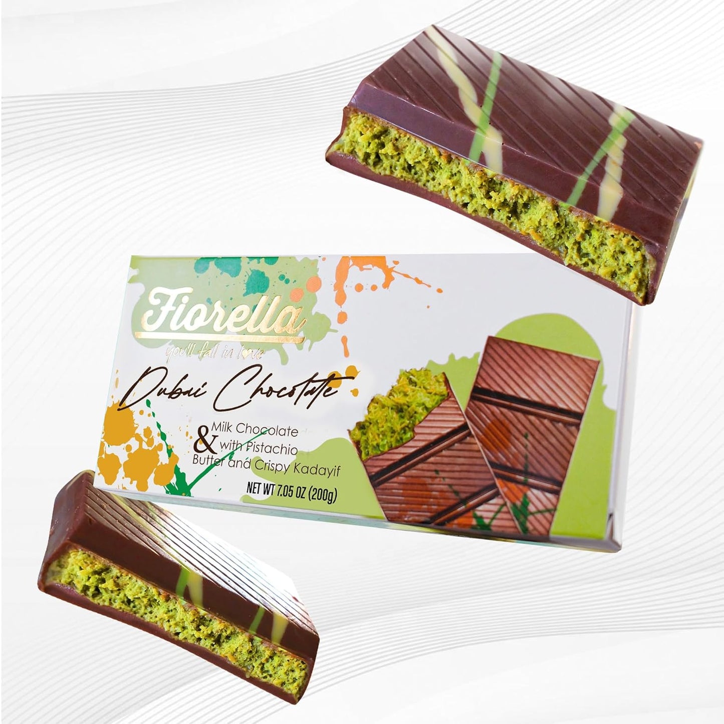 Fiorella Dubai Milk Chocolate Bar with Pistachio Butter & Shredded Knafeh, 7.05 Oz, Candy Bar for Kids & Adults, Pack of 2