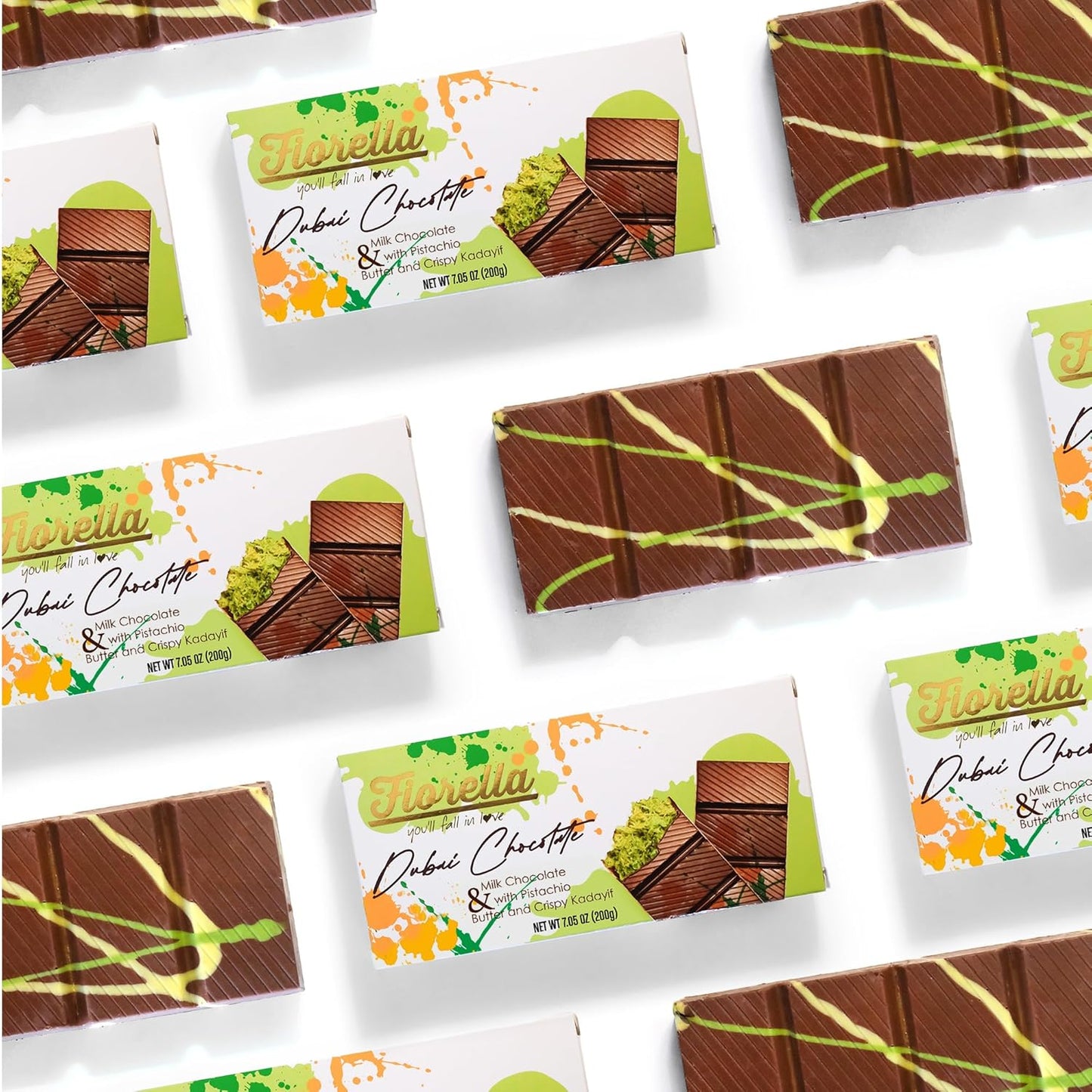 Fiorella Dubai Milk Chocolate Bar with Pistachio Butter & Shredded Knafeh, 7.05 Oz, Candy Bar for Kids & Adults, Pack of 2