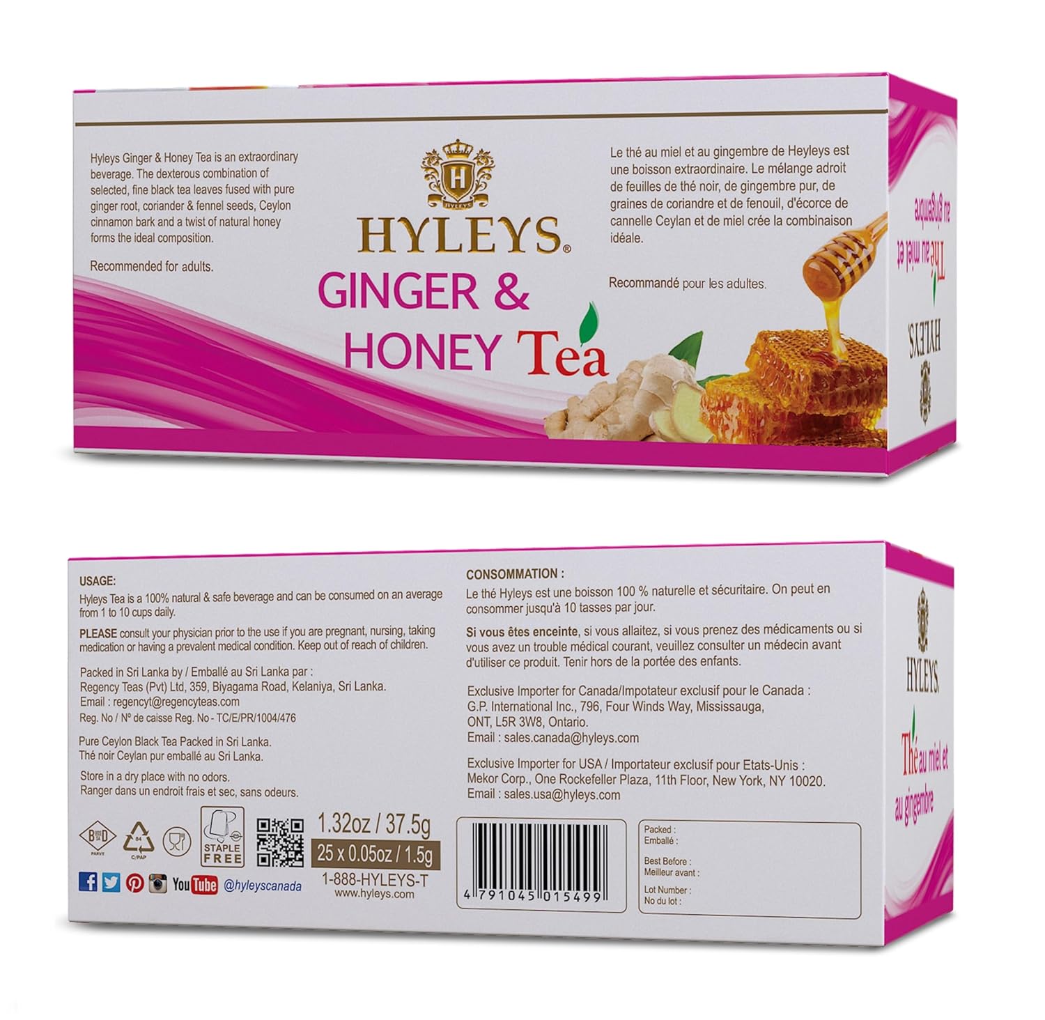 Hyleys Wellness Ginger & Honey Black Tea - Natural Digestive Support with Pure Ceylon Tea - 25 Tea Bags