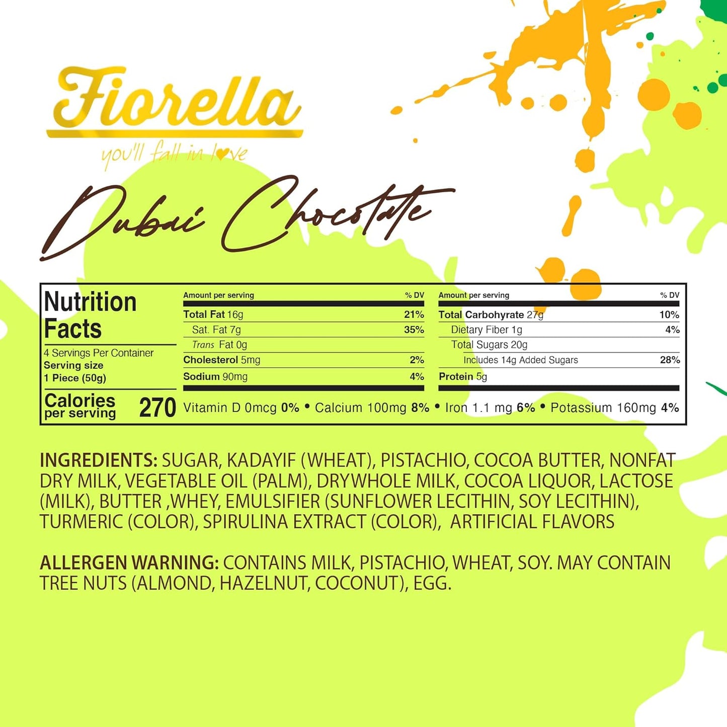 Fiorella Dubai Milk Chocolate Bar with Pistachio Butter & Shredded Knafeh, 7.05 Oz, Candy Bar for Kids & Adults, Pack of 2