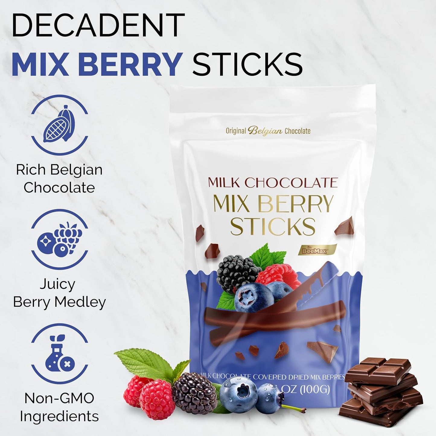 Belgian Chocolate Covered Fruit Sticks - Gourmet Covered Dried Fruit, 3.5 oz Resealable Pouch, Non-GMO, Perfect Treat for Chocolate Lovers (Milk Chocolate, Mixed Berries)