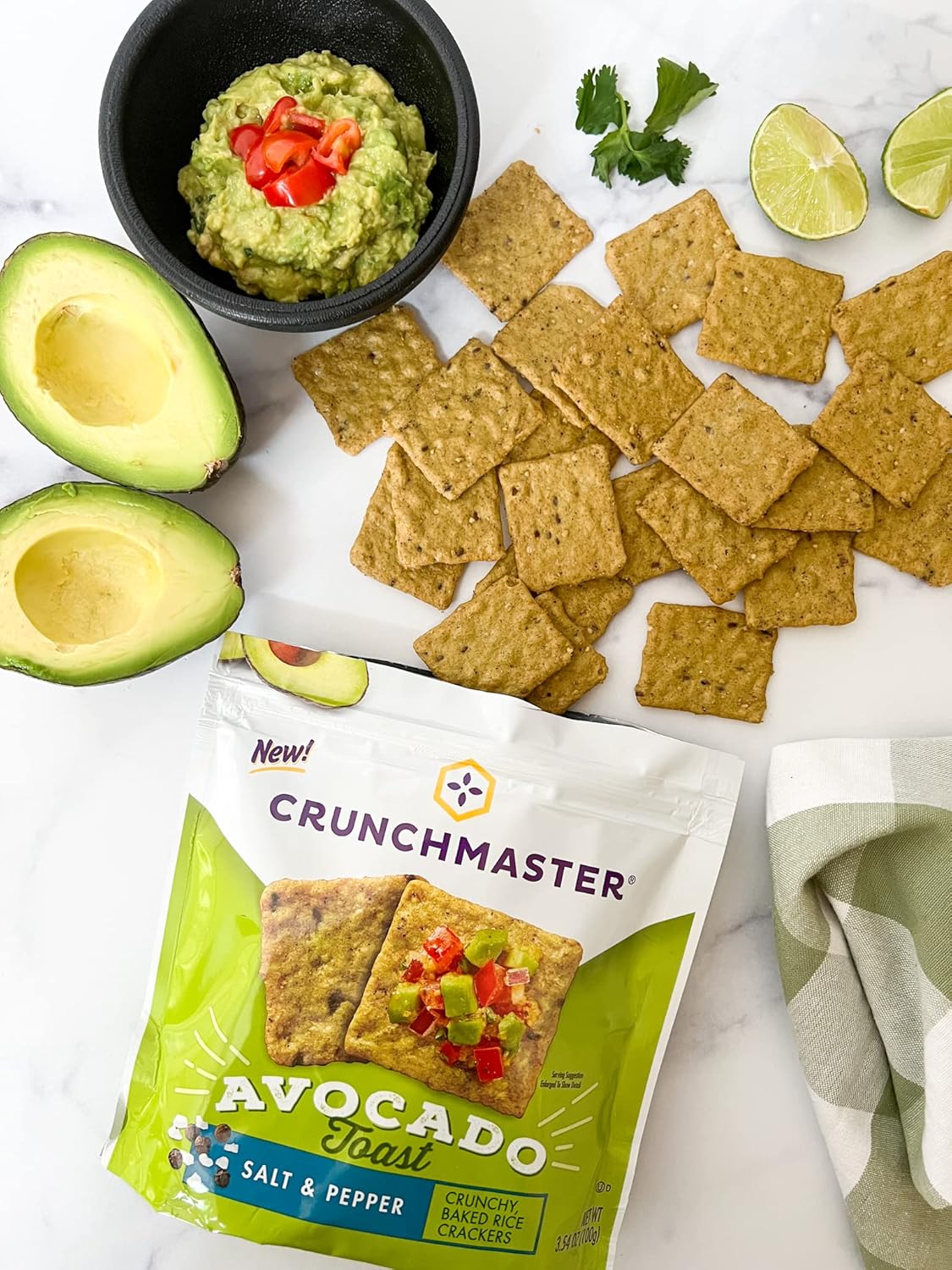 Crunchmaster Avocado Toast Crunchy, Baked Rice Crackers, Salt & Pepper, No Artificial Flavors, Vegan, Kosher, Gluten Free & Non-GMO, 3.54 Ounce (Pack of 12)