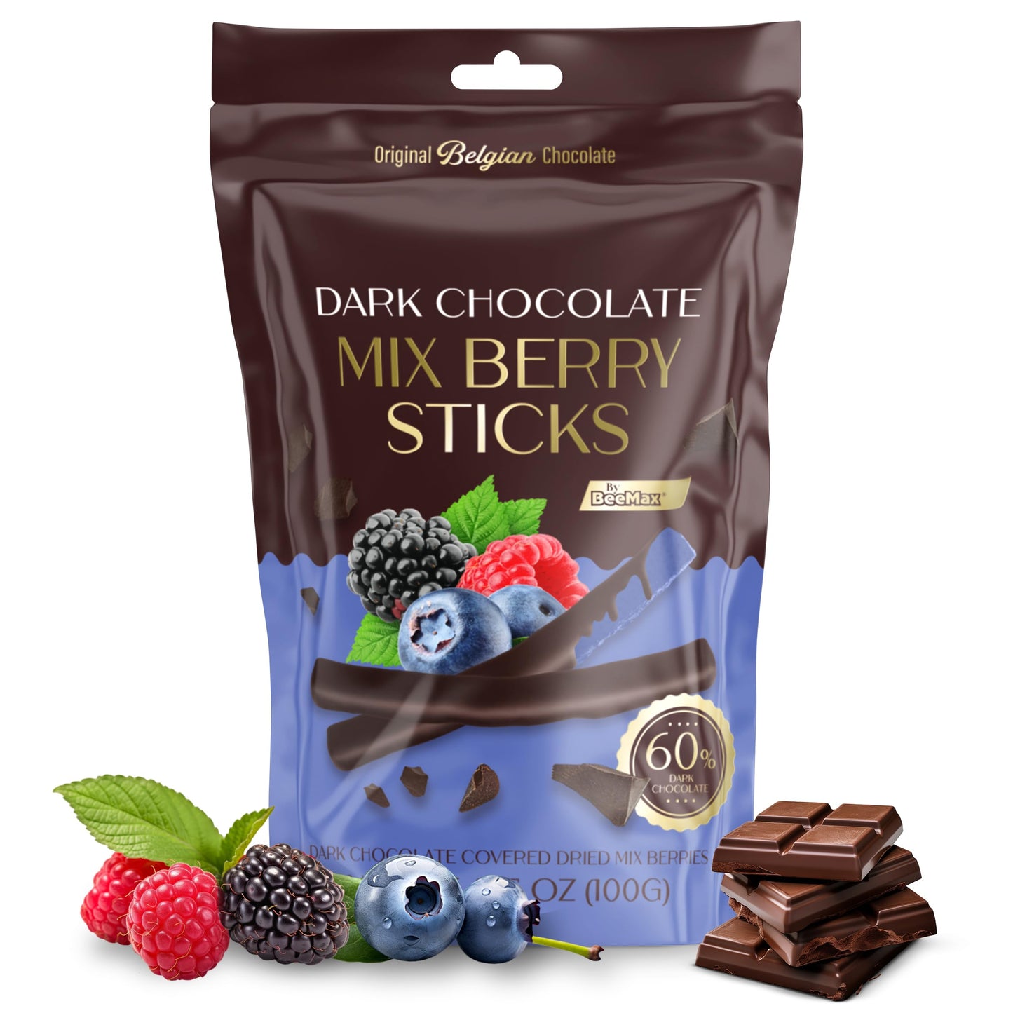 Belgian Chocolate Covered Fruit Sticks - Gourmet Covered Dried Fruit, 3.5 oz Resealable Pouch, Non-GMO, Perfect Treat for Chocolate Lovers (Milk Chocolate, Mixed Berries)