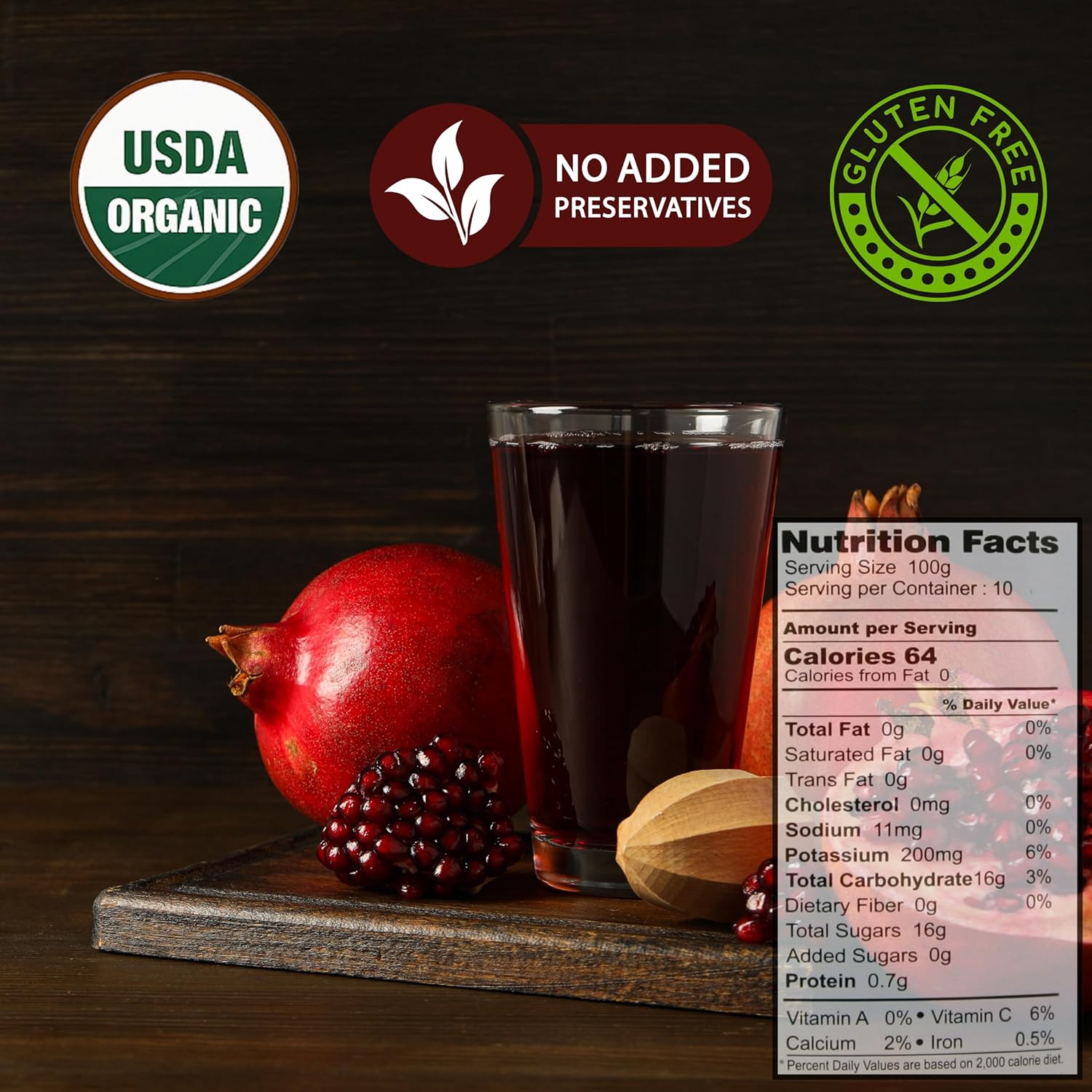 100% Organic Pomegranate Juice, 33.8 Oz Glass Bottle (2 Pack) No Sugar, No Artificial Colors, No Preservatives, No Flavors Added, Gluten Free and Kosher