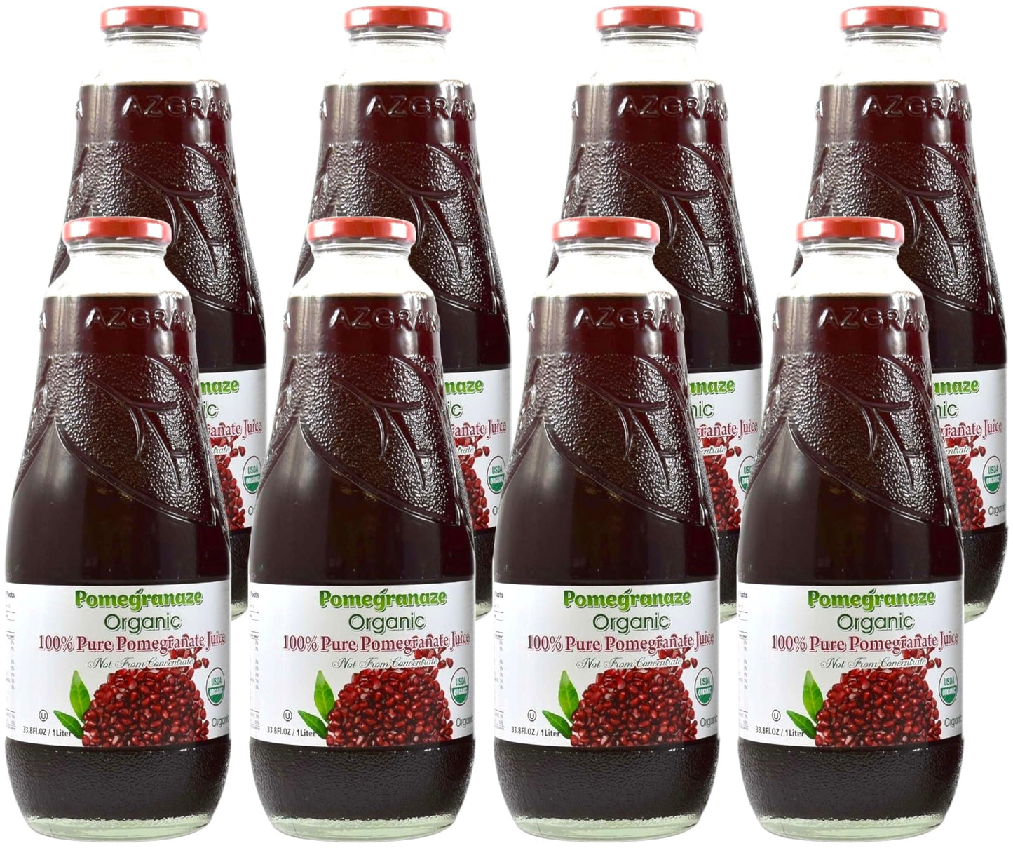 100% Organic Pomegranate Juice, 33.8 Oz Glass Bottle (2 Pack) No Sugar, No Artificial Colors, No Preservatives, No Flavors Added, Gluten Free and Kosher