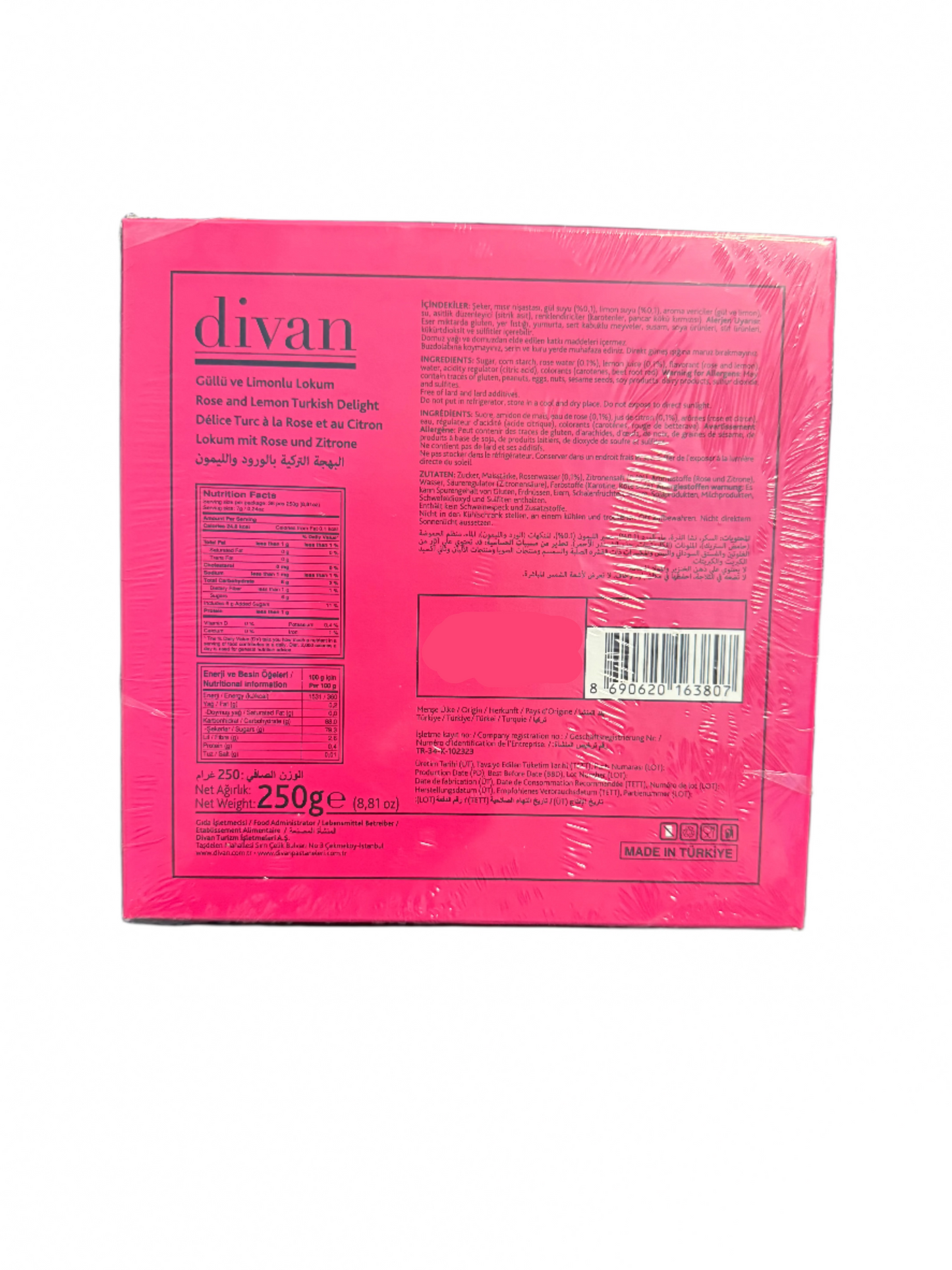 Divan Turkish Delight Rose & Lemon (Gullu & Limonlu) Halal (250g / 8,81oz)