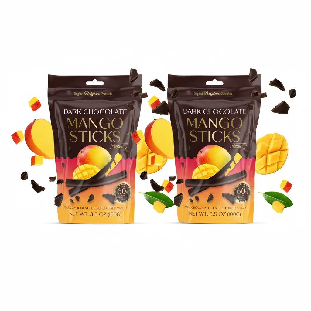 Original Belgian Dark Chocolate Covered Mango Sticks, 60% Cacao, Dried Fruit Snack, 3.5 oz Resealable Pouch ~ 2 Pack