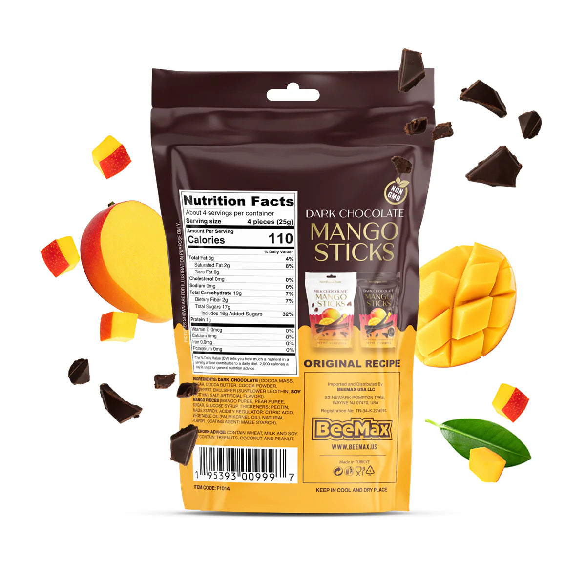 Original Belgian Dark Chocolate Covered Mango Sticks, 60% Cacao, Dried Fruit Snack, 3.5 oz Resealable Pouch ~ 2 Pack